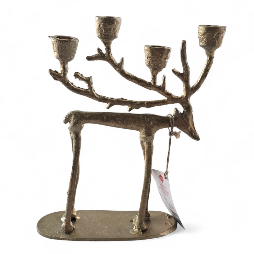 Gold Reindeer Candle Holder Candelabra – 4 Taper Christmas Decor Merry Moments